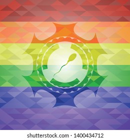 sperm icon inside emblem on mosaic background with the colors of the LGBT flag