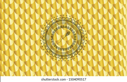 sperm icon inside gold emblem or badge. Scales pattern. Vector Illustration. Detailed.