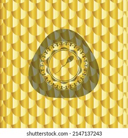 icono de esperma dentro del emblema de oro o de la insignia. Patrón de escalas. Ilustración vectorial. Detallado. 