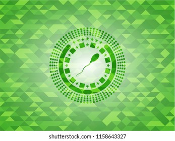 sperm icon inside green emblem with triangle mosaic background