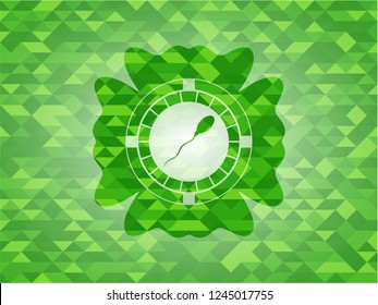 sperm icon inside green emblem with triangle mosaic background