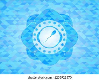 sperm icon inside light blue emblem with triangle mosaic background