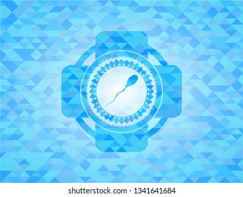 sperm icon inside light blue mosaic emblem