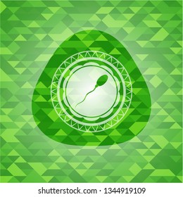 sperm icon inside realistic green emblem. Mosaic background