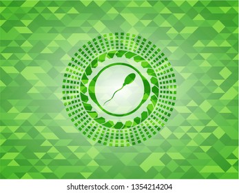 sperm icon inside realistic green emblem. Mosaic background