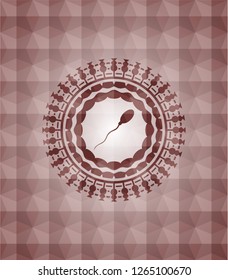 sperm icon inside red seamless emblem or badge with abstract geometric pattern background.