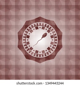 sperm icon inside red seamless emblem or badge with geometric pattern background.