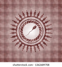 sperm icon inside red seamless emblem with geometric pattern.