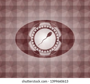 sperm icon inside red seamless emblem or badge with abstract geometric polygonal pattern background.