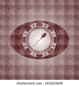 sperm icon inside red seamless emblem or badge with abstract geometric pattern background.