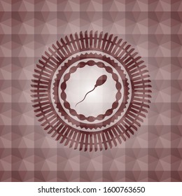 sperm icon inside red seamless emblem with geometric background.