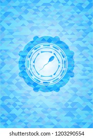 sperm icon inside sky blue emblem. Mosaic background