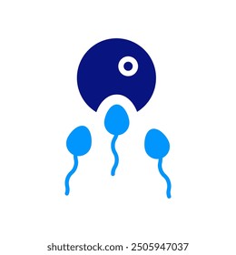 Sperm icon, outlined in dark blue, simple bold design, light blue sperm cells, geometric shapes, white background, clear and clean, fertilization symbol, reproductive health representation, health.