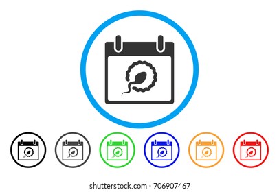 Sperm Insemination Calendar Page vector rounded icon. Image style is a flat gray icon symbol inside a blue circle. Additional color versions are gray, black, blue, green, red, orange.