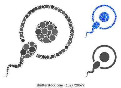 Sperm insemination mosaic of circle elements in variable sizes and color tinges, based on sperm insemination icon. Vector circle elements are united into blue illustration.