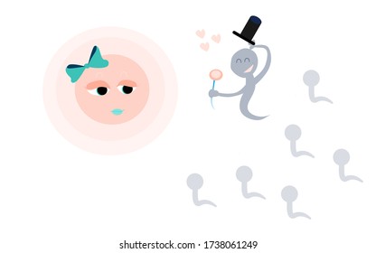 The sperm met an egg. The moment of ovulation. Cartoon style vector illustration. Pregnancy, the moment of conception.