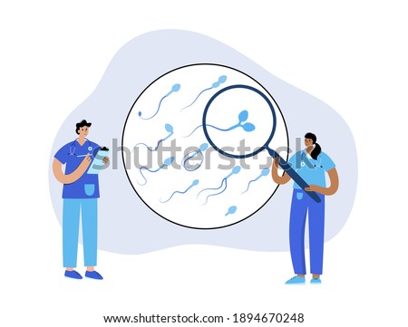 Sperm morphology, ivf research. Normal, abnormal and defective human egg. Doctor in laboratory. Spermatozoon flat vector illustration. Human sexual reproductive system concept. Poster for clinic.