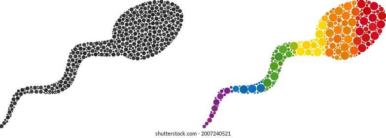 Icono de mosaico de esperma de manchas esféricas en tamaños variables y tintos multicolores de arcoiris. Un esperma salpicado de colores LGBT para lesbianas, gays, bisexuales y transgéneros. Icono vector en los colores de la bandera LGBT.