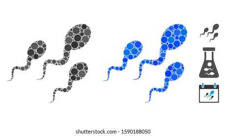 Sperm mosaic of round dots in various sizes and color tones, based on sperm icon. Vector round elements are organized into blue mosaic. Dotted sperm icon in usual and blue versions.