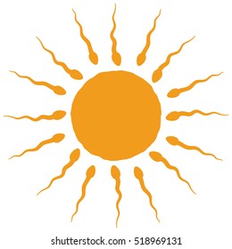 Sperm and ovum icon, human egg cell surrounded by sperm cells, concept of fertilization, reproduction, embryology. Reproduction center logo, fertility clinic logo, donor sperm bank logo. Sun. Vector