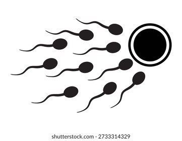 Icono de espermatozoides y Vector de óvulo. Los espermatozoides nadan hacia un Grande óvulo humano nacarado. Diseño de arte de línea plana de medicina y biología para fertilidad, Reproducción o concepto de atención médica.