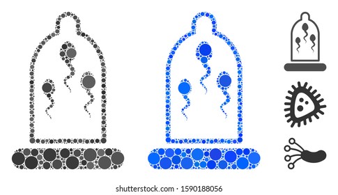 Sperm prevention condom composition of filled circles in various sizes and color tints, based on sperm prevention condom icon. Vector small circles are organized into blue composition.