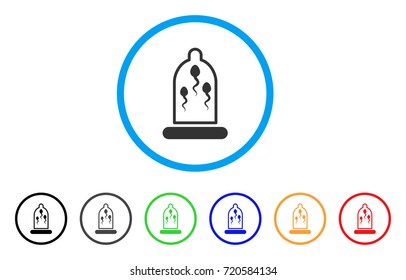 Sperm Prevention Condom rounded icon. Style is a flat sperm prevention condom grey symbol inside light blue circle with black, gray, green, blue, red, orange color versions.