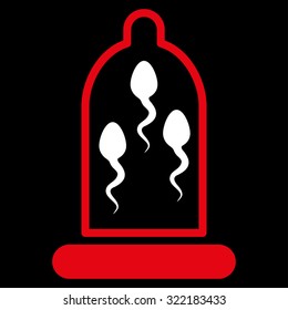 Sperm Protection vector icon. Style is bicolor flat symbol, red and white colors, rounded angles, black background.