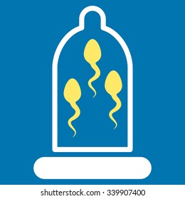 Sperm Protection vector icon. Style is bicolor flat symbol, yellow and white colors, rounded angles, blue background.