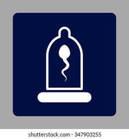 Sperm In Protection vector icon. Style is flat rounded square button, white and dark blue colors, silver background.