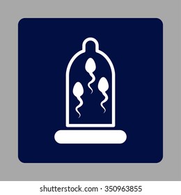 Sperm Protection vector icon. Style is flat rounded square button, white and dark blue colors, silver background.