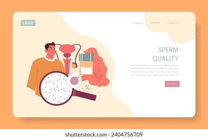 Sperm Quality concept. A confident man stands next to a magnified sperm analysis, showcasing healthy sperm cells and a test result. Male reproductive health visualized. Flat vector illustration.