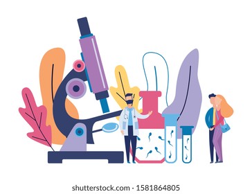 Sperm research banner - cartoon doctor and young couple standing near giant microscope and glass beaker bottles with sperm - fertility and infertility anaysis vector illustration.