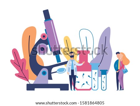 Sperm research banner - cartoon doctor and young couple standing near giant microscope and glass beaker bottles with sperm - fertility and infertility anaysis vector illustration. Stock photo © 