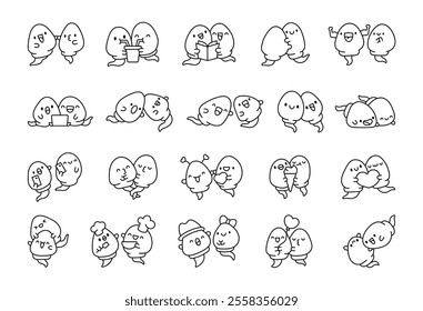 Sperm semen couple set with cute kawaii characters reading, dancing, smiling, hugging, kissing, swimming, working, celebrating and enjoying joyful moments together