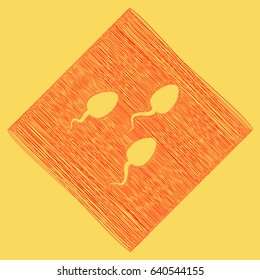 Sperm sign illustration. Vector. Red scribble icon obtained as a result of subtraction rhomb and path. Royal yellow background.
