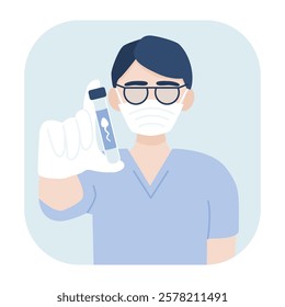 Sperm test analysis. Doctor in a glove holds a container with sperm sample. Illustration in flat style.
