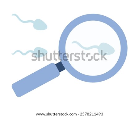 Sperm test analysis symbol. Spermatozoon and magnifying glass. Illustration in flat style.