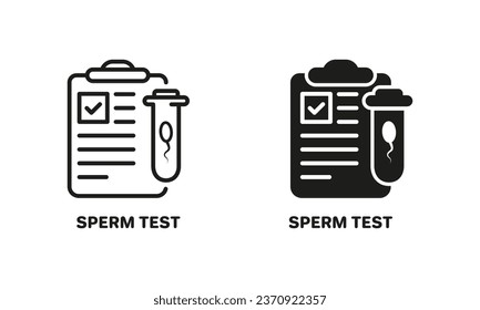 Resultado de prueba de esperma en la colección de símbolos del portapapeles. Análisis médico espermatozoide para la fertilidad o la línea de paternidad y conjunto de iconos de silueta. Pictograma de investigación en el laboratorio de esperma. Ilustración de vectores aislados.