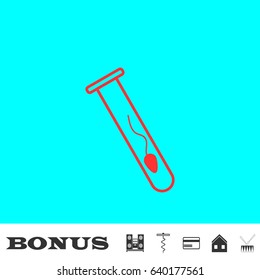 Sperm in test tube icon flat. Red pictogram on blue background. Vector illustration symbol and bonus buttons Music center, corkscrew, credit card, house, drum