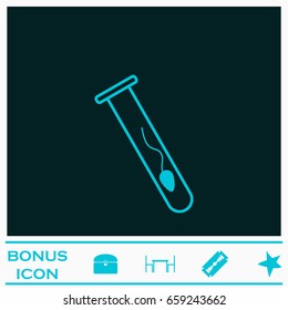 Sperm in test tube icon flat. Blue pictogram on dark background. Vector illustration symbol and bonus icons
