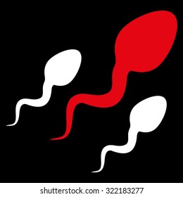 Sperm vector icon. Style is bicolor flat symbol, red and white colors, rounded angles, black background.