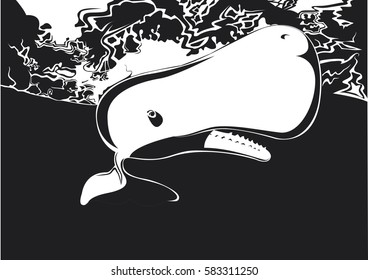 sperm whale in black and white drawing