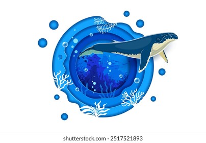 Sperm whale character at paper cut underwater landscape. 3d vector round layered papercut frame with giant cartoon whale animal in sea with seaweeds vegetation, fish shoal and bubble in the ocean