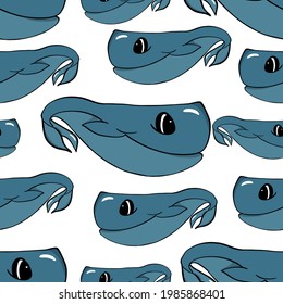 Sperm whale. Сachalot. Children's cartoon illustration. Seamless patterns. Vector illustration for printing on fabric, decoration of a child's room, packaging decor