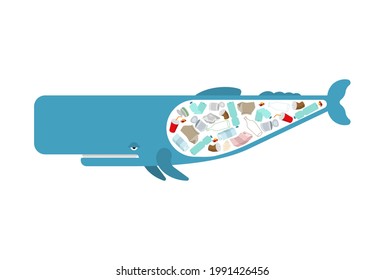 Sperm whale and garbage in ocean. cachalot and rubbish. Ocean and environment pollution concept