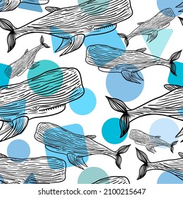 Patrón de dibujo de la mano de ballena esperma sin fisuras. fondo de caché