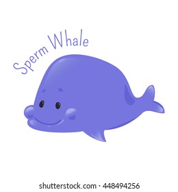 Sperm whale. Physeter macrocephalus. Cachalot, is the largest of toothed whales and predator. Part of series of cartoon sea creature species. Marine animals. Sticker for kids. Child fun icon. Vector
