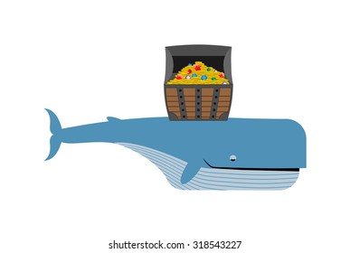 Sperm whale and pirate treasure. Blue blower and chest of gold and precious stones.
