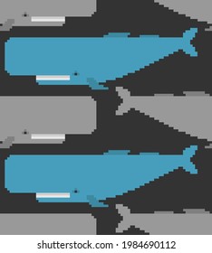 Sperm whale pixel art 8 bit pattern seamless. pixelated cachalot big whale background